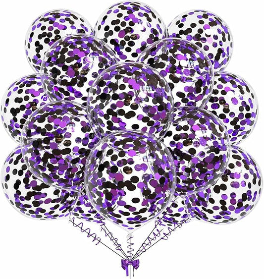 Transparent Balloons with Colorful Confetti – 50 Pieces for Party and Event Decorations, Perfect for Birthdays, Weddings, Engagements, Bachelorette Parties, and Kids' Celebrations (purple black)