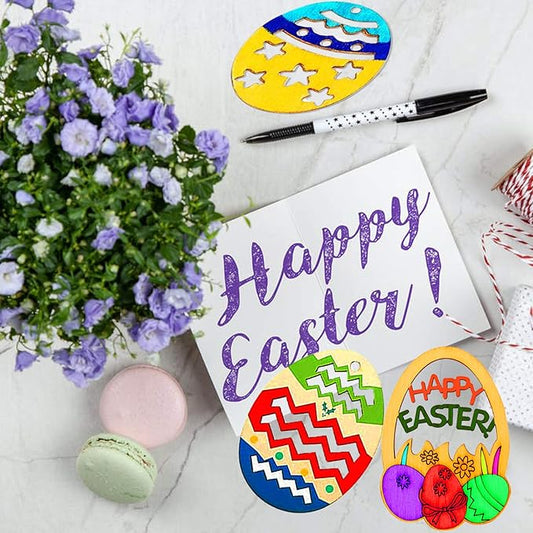 FINROS 50 Pack Easter Egg Wood Slice Ornaments DIY Wooden Egg Shape Crafts Hanging Easter Decorations with Twine for Easter Party Supplies (Egg Cutouts)