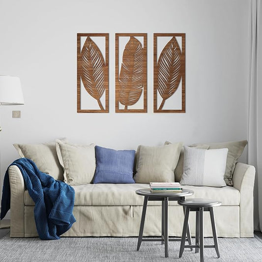 Home Gallery Leaf Wooden Wall Décor - Set of 3 Each 80x30 cm Brown