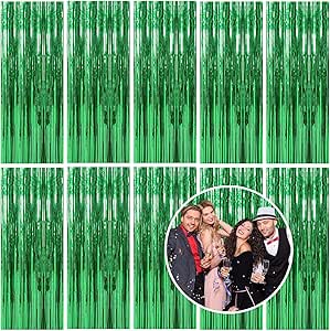 10 Pack Foil Curtain Backdrop Green Metallic Tinsel Foil Fringe Curtains Photo Booth Props for Birthday Wedding Engagement Baby Shower Bachelorette Christmas Holiday Celebration Party