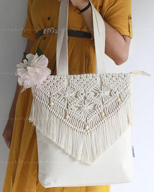 Bohemian Macrame Cotton Canvas Tote Bag 100% Cotton Tote for College and Daily Use, Beige, L