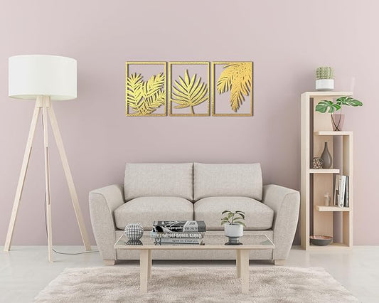 Home Gallery Tropical Leaves Wood Wall Art - Set of 3 Panel Each 60x40 cm Gold