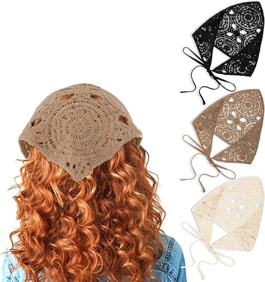 simarro Pack of 3 Triangle Headscarves, Boho Crochet Bandanas, Triangle Hair Band for Women, Plain Hair Bands, Decorative Headband, Summer Headscarf, Fashion Headbands for Women and Girls
