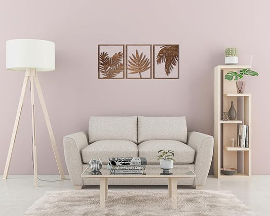 Home Gallery Tropical Leaves Wood Wall Art - Set of 3 Panel Each 60x40 cm Brown