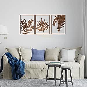 Home Gallery Tropical Leaves Wood Wall Art - Set of 3 Panel Each 60x40 cm Brown