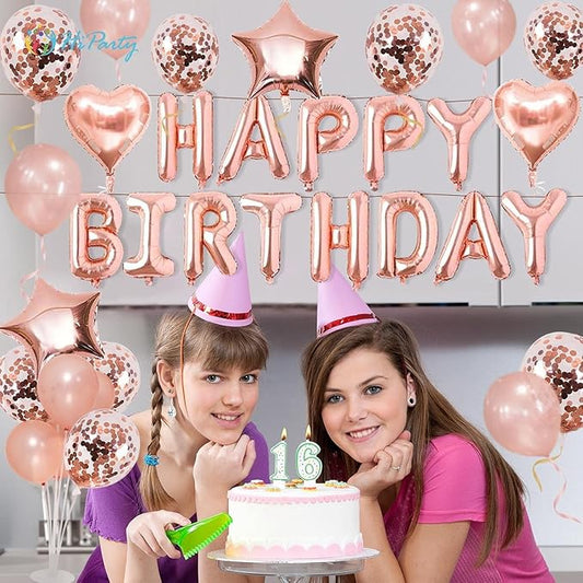 Pink Rose Gold Birthday Decorations, 3D Mylar Foil Happy Birthday Banner and 18 inch Big Heart Star Confetti Latex Balloons, Ecofriendly Party Decorations Supplies for kids Girls Women