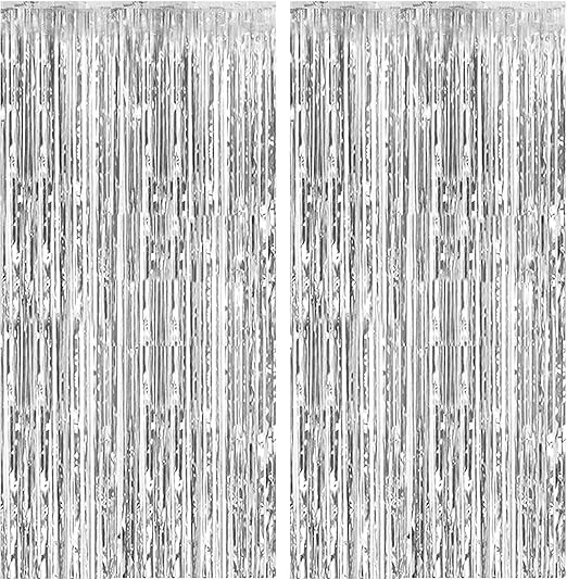 2 Pack Backdrop Silver Metallic Tinsel Foil Fringe Curtains Photo Booth Props for Birthday Wedding Engagement Baby Shower Bachelorette Christmas Holiday Celebration Party Decorations