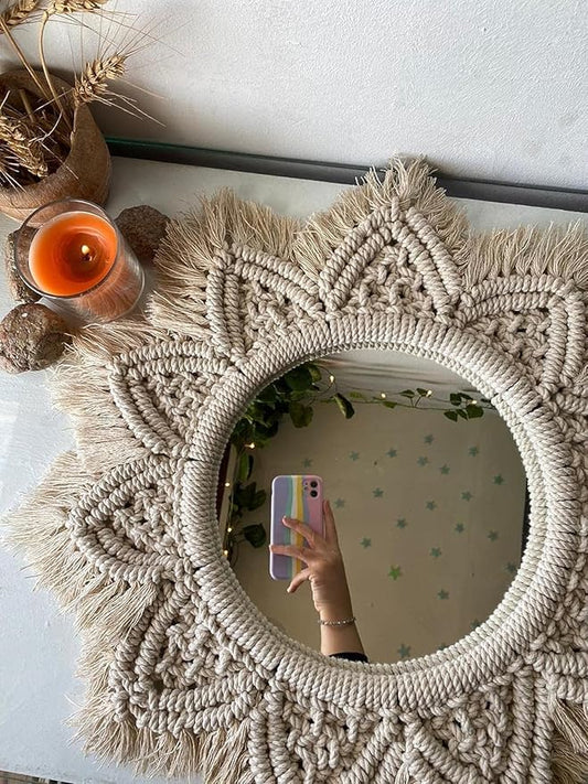 Wall Macrame Mirror Hanging Tapestry Vanity Mirror Boho Fringe Round Decorative Mirror Hanging Macrame Tapestry for Apartment Living Room Bedroom Handmade Wall Decor gift for her