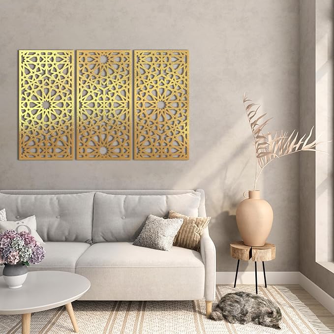 Home gallery Decorative arabesque style wooden wall Art 3 panels 80X130 cm Gold