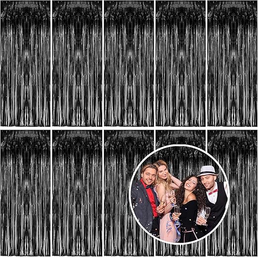 10 Pack Foil Curtain Backdrop Black Metallic Tinsel Foil Fringe Curtains Photo Booth Props for Birthday Wedding Engagement Baby Shower Bachelorette Christmas Holiday Celebration Party Decorations