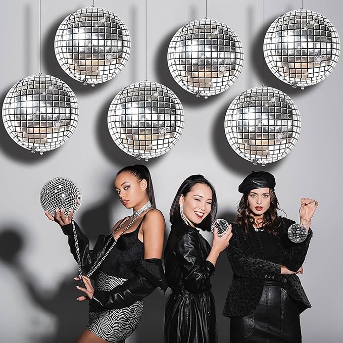 Pack of 6 Silver Disco Ball Balloons - 22 Inch | Mamma Mia Party Decorations, 4D Sphere Disco Balloons for Disco Party Decorations | New Years Eve Party Supplies 2024, 70s Party Decorations