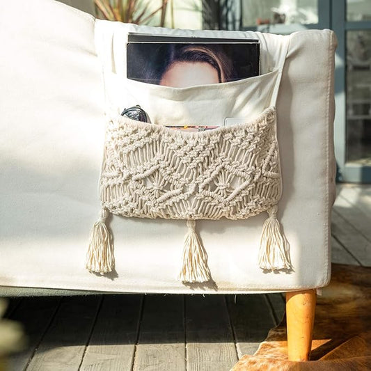Mkono Macrame Sofa Armrest Organizer Remote Control Holder Couch Bedside Armchair Caddy Storage Basket Bag for TV Remote Control, Magazine, Books, Cell Phone, iPad, Boho Home Dorm Decor, Beige