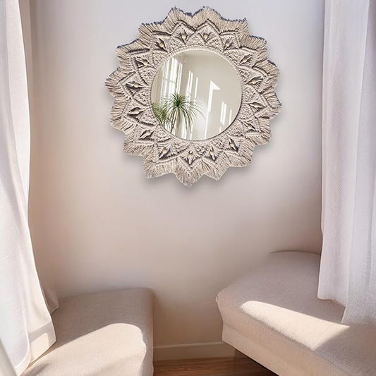 Handmade Macrame Mirror with Beads, Bohemian, Modern, Decorative, Wall Hanging, Home Decor, Boho, Round, Wooden Frame, Living Room, Bedroom, Dining Room, Entryway, Hallway, Office, Nursery