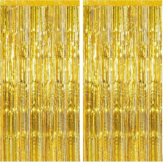 2 Pack Gold Backdrop Birthday Decorations Foil Curtain Backdrop Gold Streamers Dance Party Decorations Photo Booth Props for Bachelorette Decorations Christmas Halloween New Years Eve Party Supplies