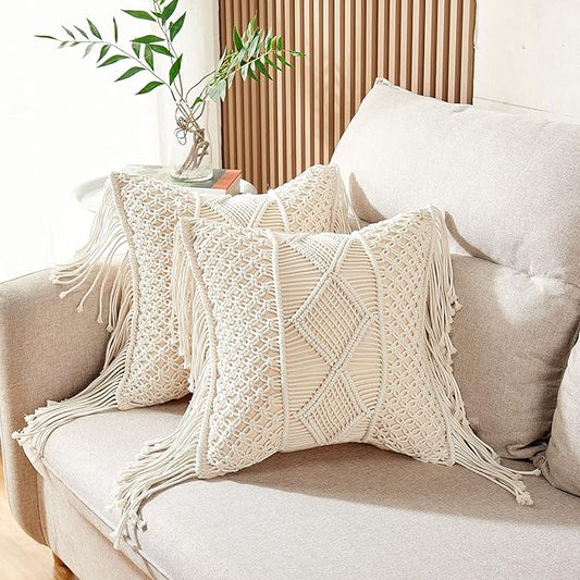 Throw Pillow Covers, Macrame Throw Pillows Case, Bohemian Pillow Cases for Bed, Couch, Sofa or Farmhouse, Set of 2 Decorative Cushion Cover with Tassels, Home Decor Pillow Case 17"x17" (Cream)