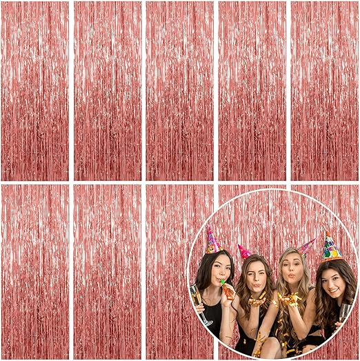10 Pack Foil Curtain Backdrop Rose Gold Metallic Tinsel Foil Fringe Curtains Photo Booth Props for Birthday Wedding Engagement Baby Shower Bachelorette Christmas Holiday Celebration Party Decorations