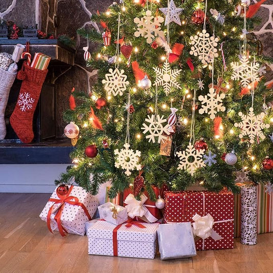 100 Pieces Christmas Wooden Ornaments Round Wood Slices Wood Snowflake Angel Star Shaped Christmas Tree Hanging Embellishments with 100 Pieces Cords (Snowflake)