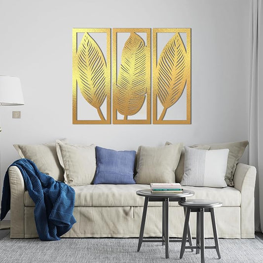 Home Gallery Leaf Wooden Wall Décor - Set of 3 Each 80x30 cm Gold