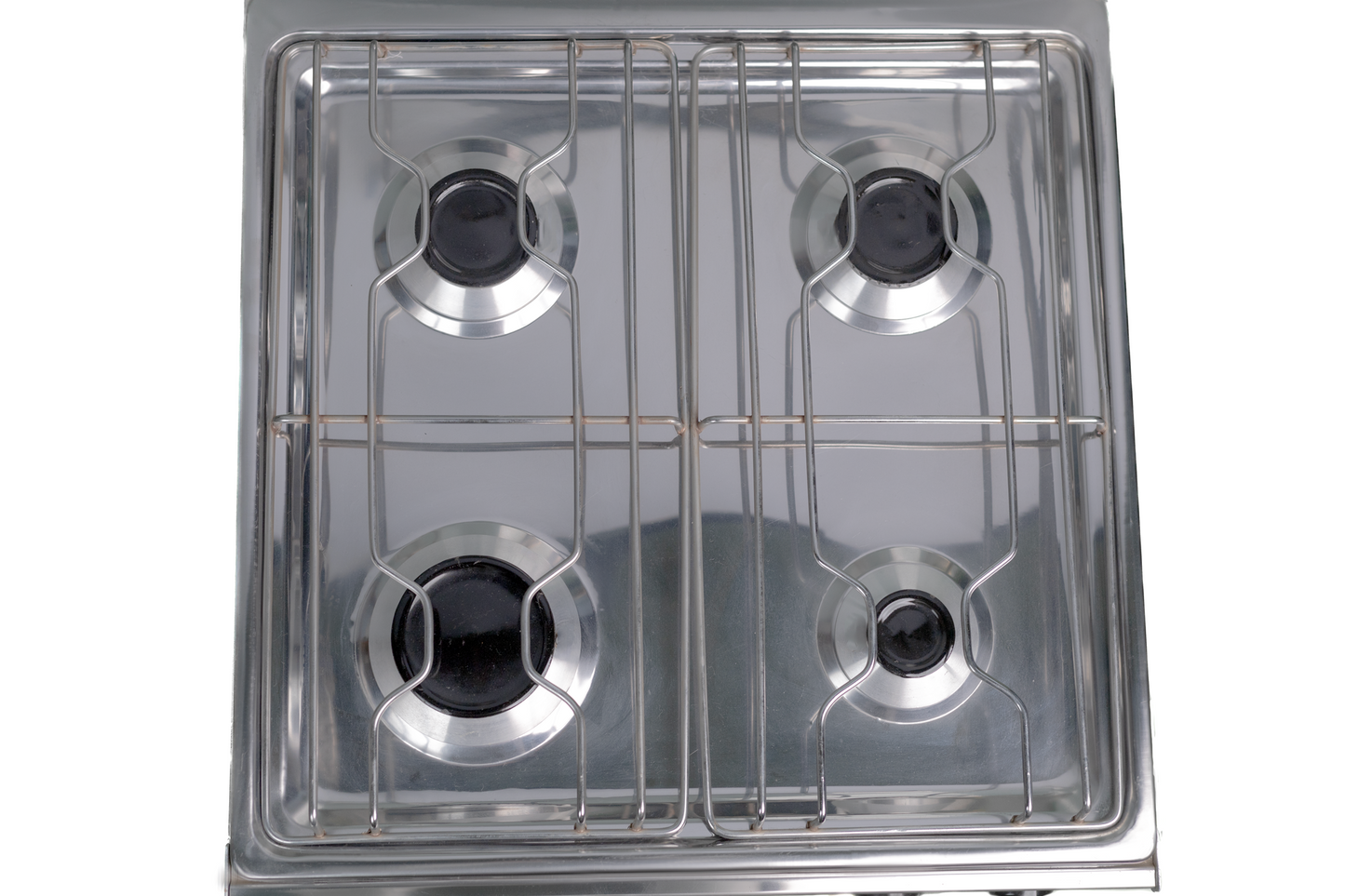 Nour Flat Gas Stove 55x55 GS-FLS 4 S - Stainless Steel four Burner with Glass Lid and Nickel-Plated Rust-Resistant Pot Holder - Silver
