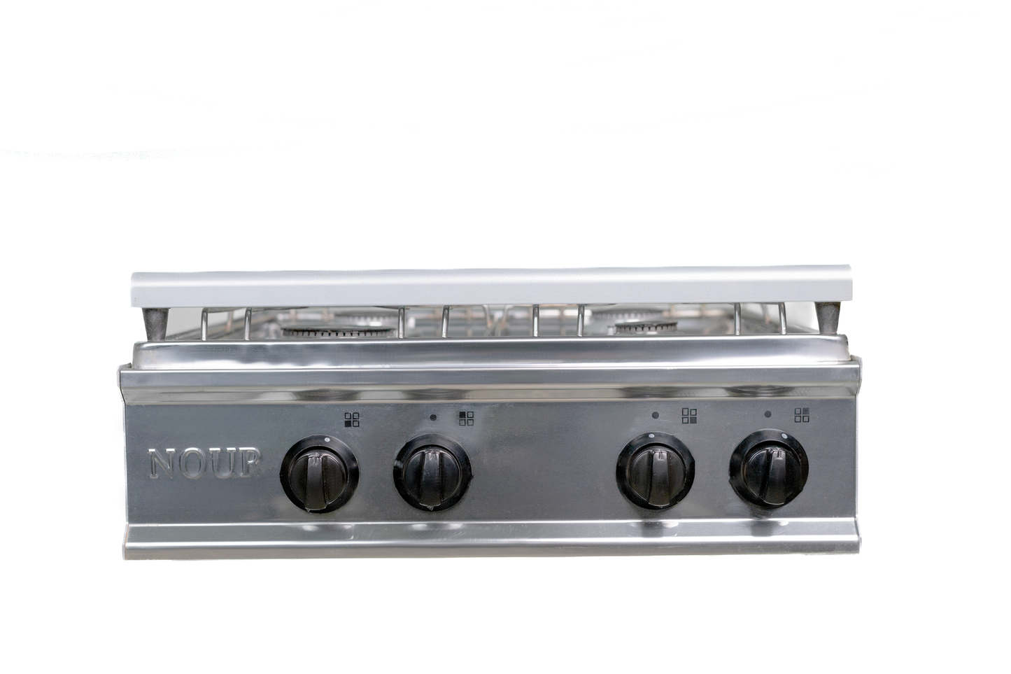 Nour Flat Gas Stove 55x55 GS-FLS 4 S - Stainless Steel four Burner with Glass Lid and Nickel-Plated Rust-Resistant Pot Holder - Silver