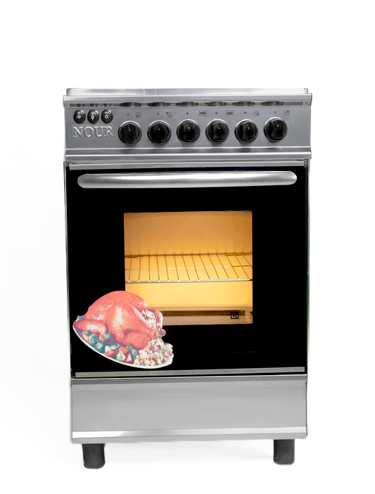 Nour Cooker Pro 55x55 GC-SS544 - Premium Stainless Steel Gas Oven with 4 Brass Burners, Auto Ignition, Dual Gas Inlet, Adjustable Feet – Silver