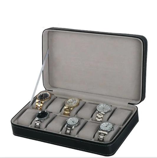 12 SLOT LEATHER WATCH ORGANIZER WITH ZIPPER