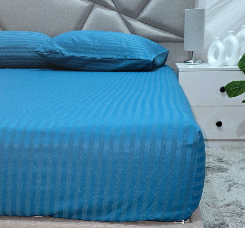 Fitted bed sheet set, Satin, Stripe - Blue