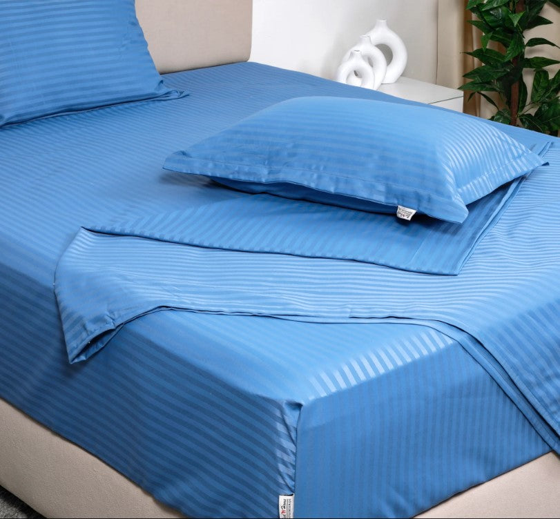 Fitted bed sheet set, Satin, Stripe - Blue