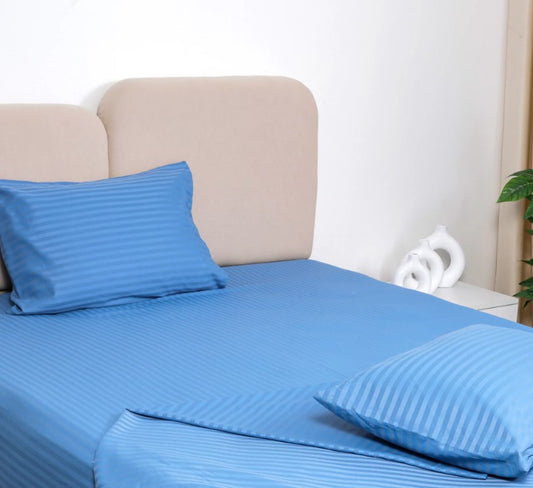 Fitted bed sheet set, Satin, Stripe - Blue