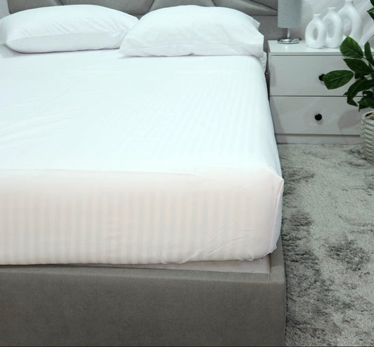 Fitted bed sheet set, Satin, Stripe - White