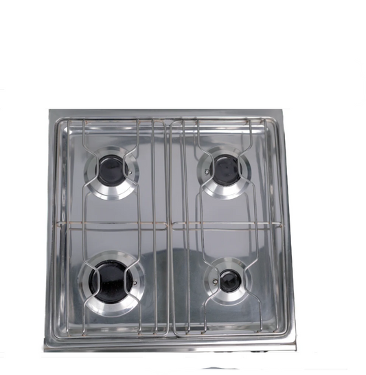 Nour Flat Gas Stove 55x55 GS-FLS 4 S 55 I - Stainless Steel 4 Burners with Auto Ignition, Glass Lid, and Nickel-Plated Rust-Resistant Pot Holder - Silver