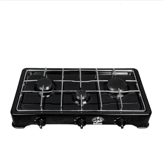 Nour Flat Gas Stove 35x60 GS-FLE 3 - Enamelled Black 3 Burner with Nickel-Plated Rust-Resistant Pot Holder - Black