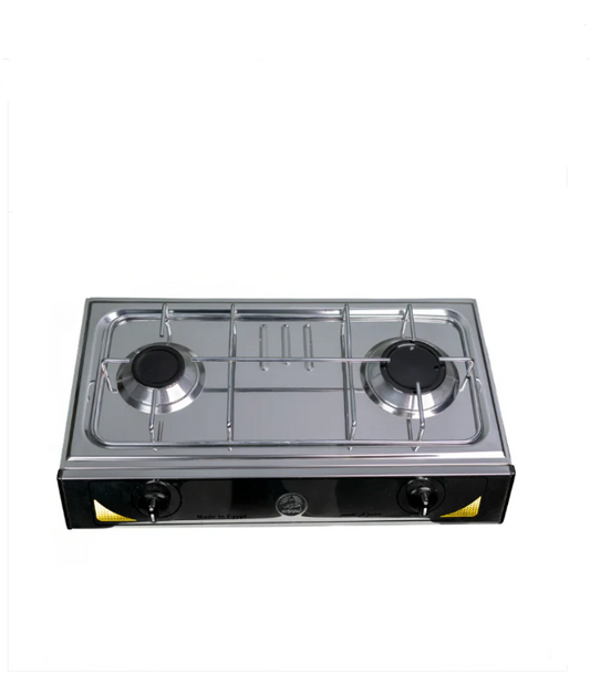 Nour Flat Gas Stove GS-FLS 2 S Stainless Steel Dual Burner with Nickel-Plated Rust-Resistant Pot Holder - Silver