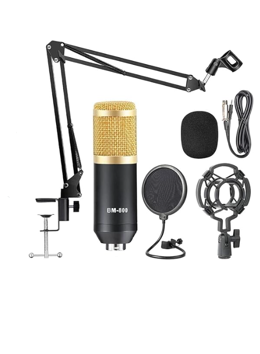 Broadcasting and Recording Condenser Microphone Podcast Mic with Plastic Shock Mount Adjustable Suspension Scissor Arm Stand Pop Filter.