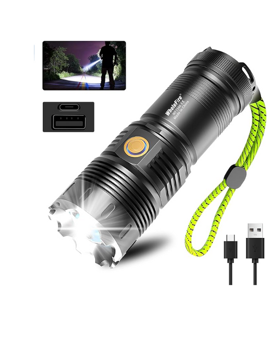 LED Flashlight Rechargeable 200000 High Lumens Waterproof Hiking Torch Light Outdoor Flashlight Strong Light Searchlight Portable Flashlights Focusing