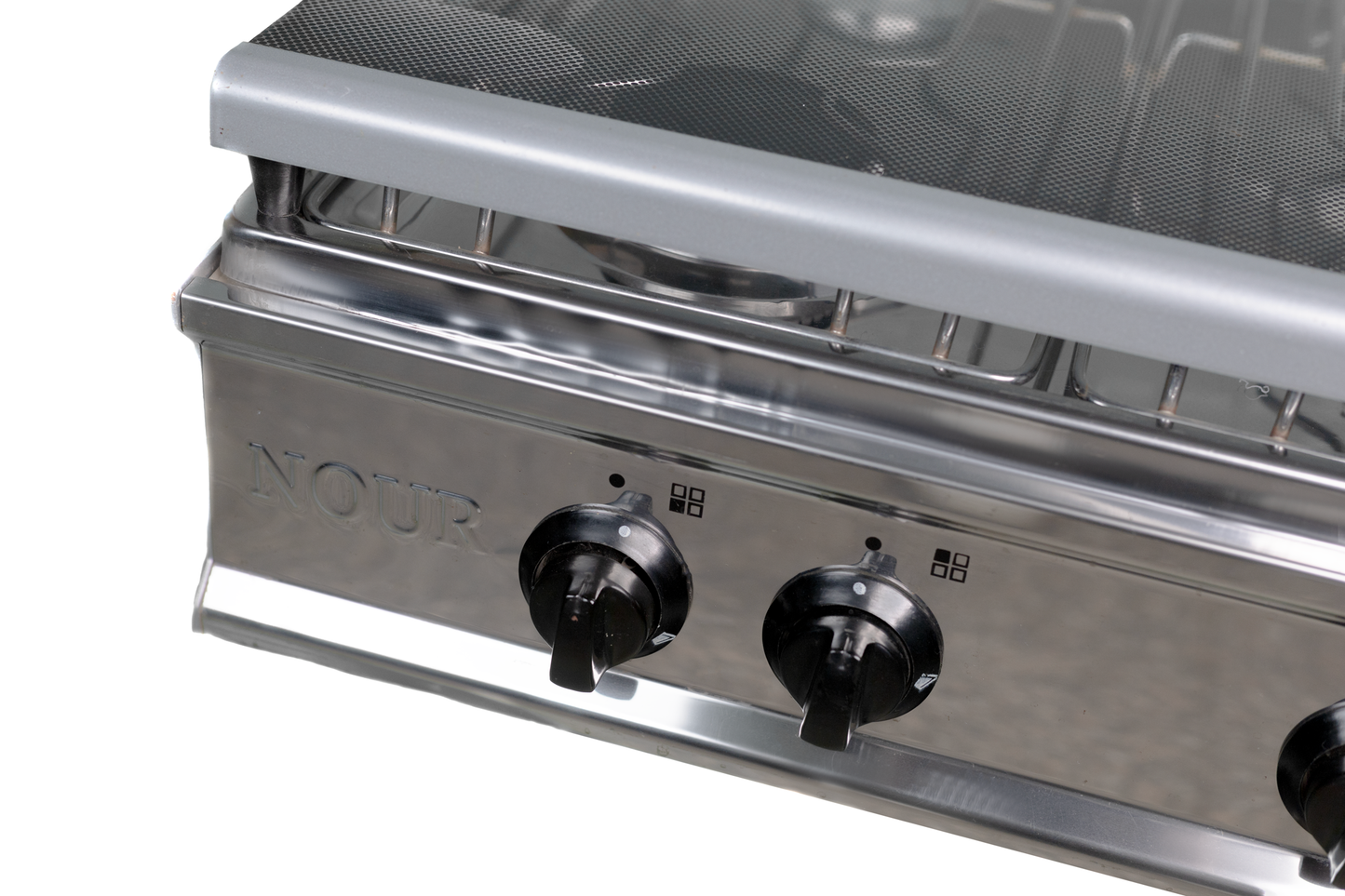 Nour Flat Gas Stove 55x55 GS-FLS 4 S - Stainless Steel four Burner with Glass Lid and Nickel-Plated Rust-Resistant Pot Holder - Silver
