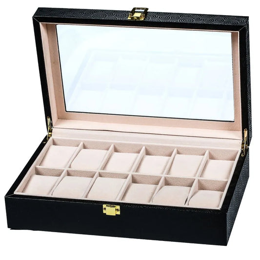 12 SLOT LEATHER WATCH ORGANIZER NEW BLACK