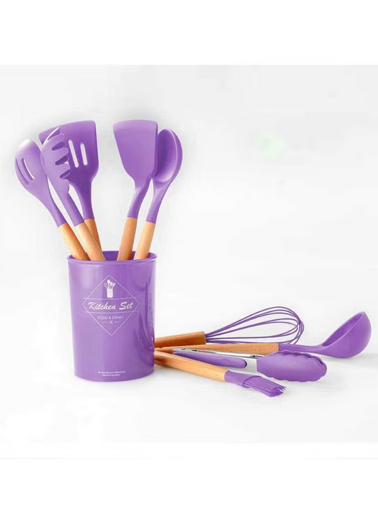 Generic Kitchen Utensil Set, 12 Piece Silicone Cookware with Holder, Non-Stick and Heat Resistant Cookware, Includes Spatula Tongs Ladle Brush and Slotted Turner