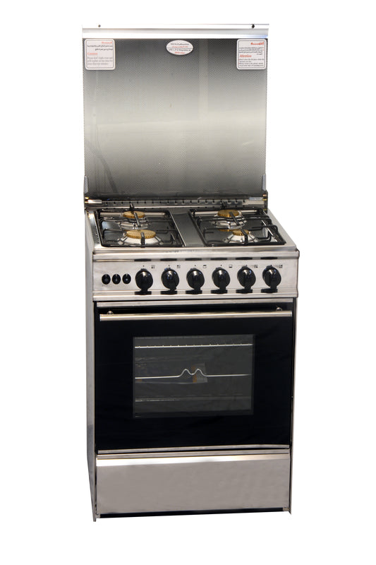 Nour Cooker 60x60 GC-SS644-Cu - Full Stainless Steel Gas Oven with 4 Brass Burners, Auto Ignition, Oven Light, Grilling Motor, and Heating Drawer – Silver
